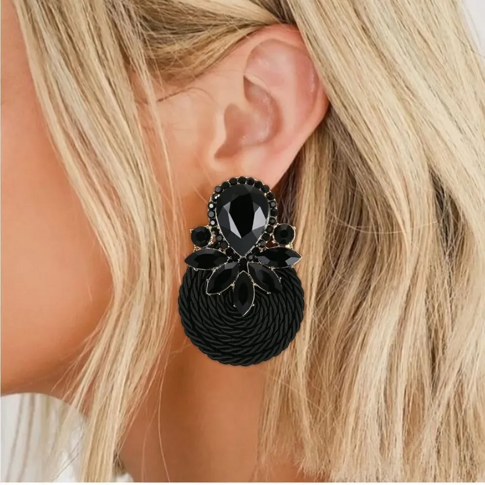 Yellow Gold and Black Onyx Crystal Floral Cluster Rattan Post Statement Earrings